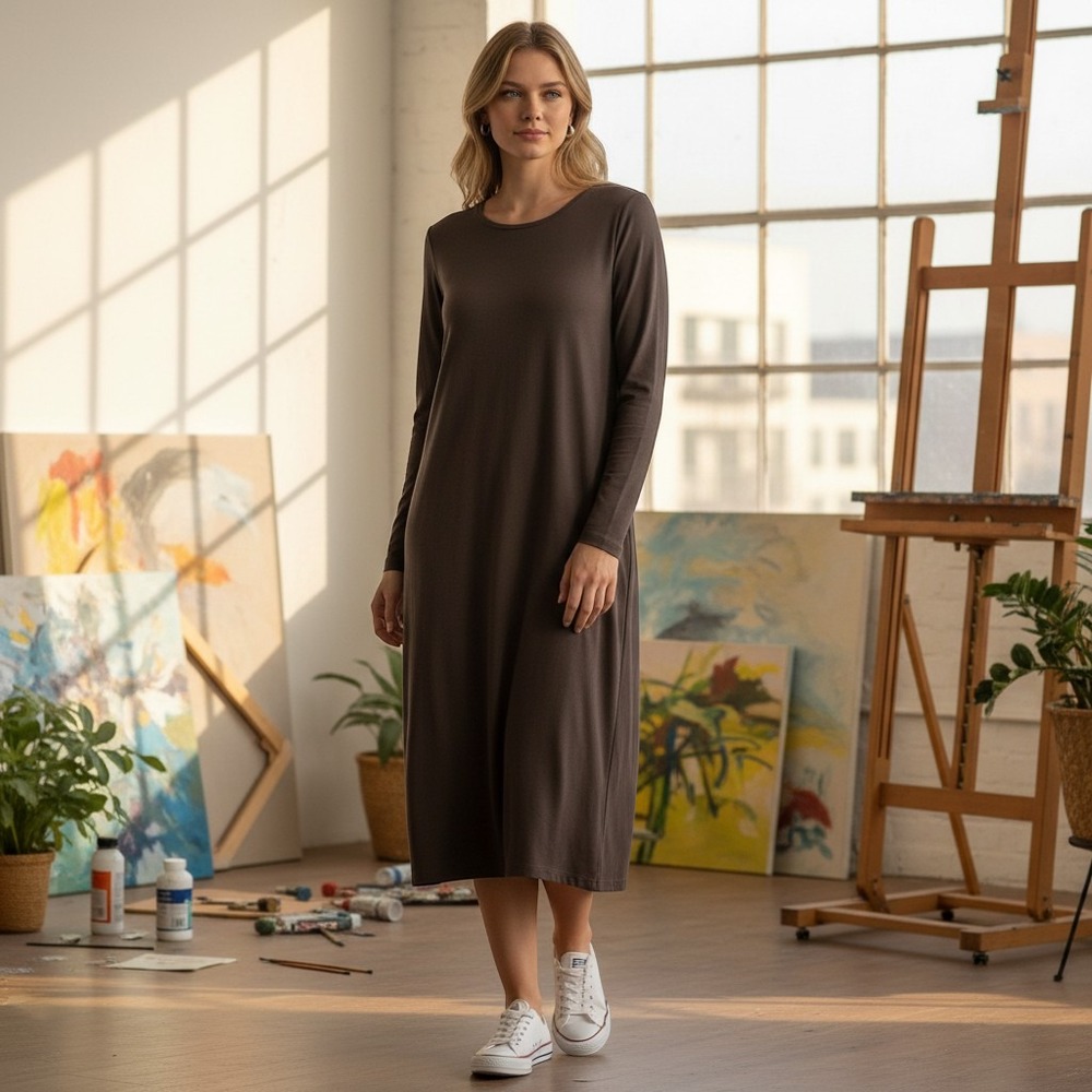 Eileen Fisher Viscose Jersey Long Sleeve Midi Dress Rye Brown XL R7VF-D4166M
